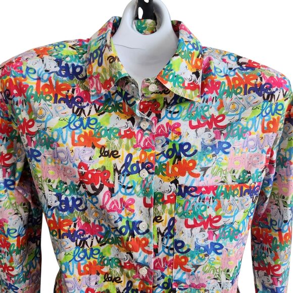 APNY Grafitti Love Print-Boyfriend Button Up Shirt-NWT-Cotton-Streetwear-XS - Picture 5 of 14